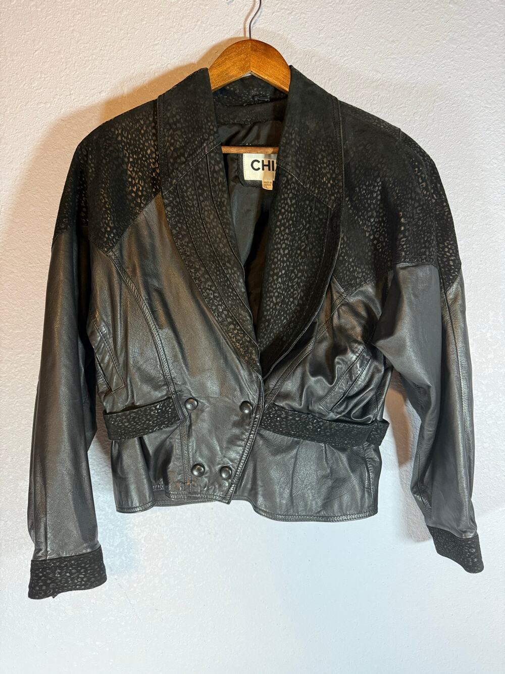 CHIA Women’s Large Black Leopard Trim Cropped Double Breasted Jacket